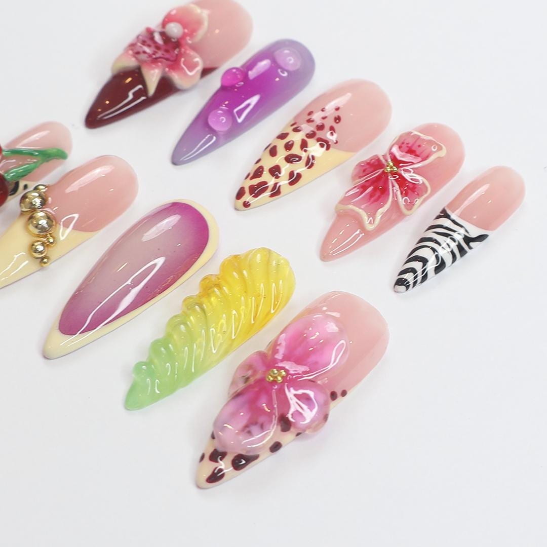 Press On Nails Tropical with Leopard & Floral | 3D Flower and Cherry Art in Long Almond | Handmade Nail Art for Holiday, Party, Vacation