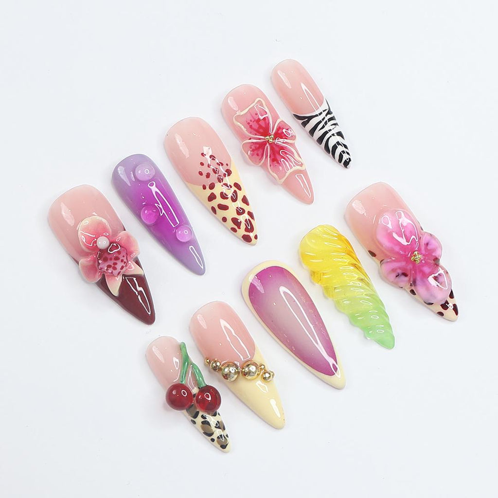 Press On Nails Tropical with Leopard & Floral | 3D Flower and Cherry Art in Long Almond | Handmade Nail Art for Holiday, Party, Vacation