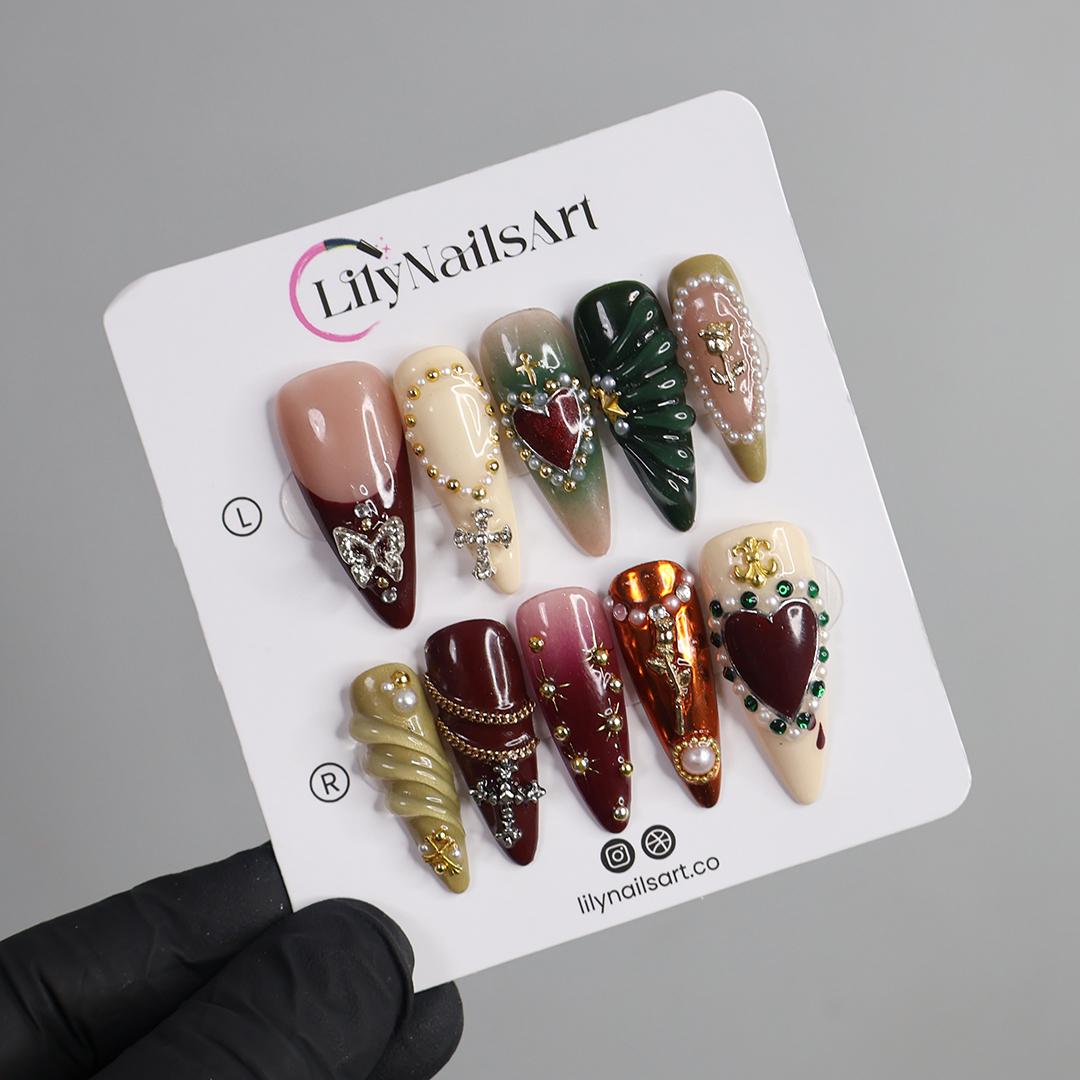 Press On Nails Burgundy Heart with Pearl & Gold Crosses | Rose Fake Nails in Long Almond | Handmade Gothic Nail Art for Holiday, Birthday