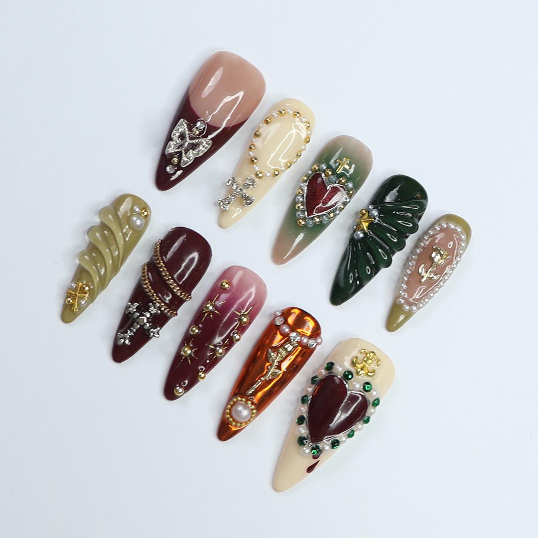 Press On Nails Burgundy Heart with Pearl & Gold Crosses | Rose Fake Nails in Long Almond | Handmade Gothic Nail Art for Holiday, Birthday