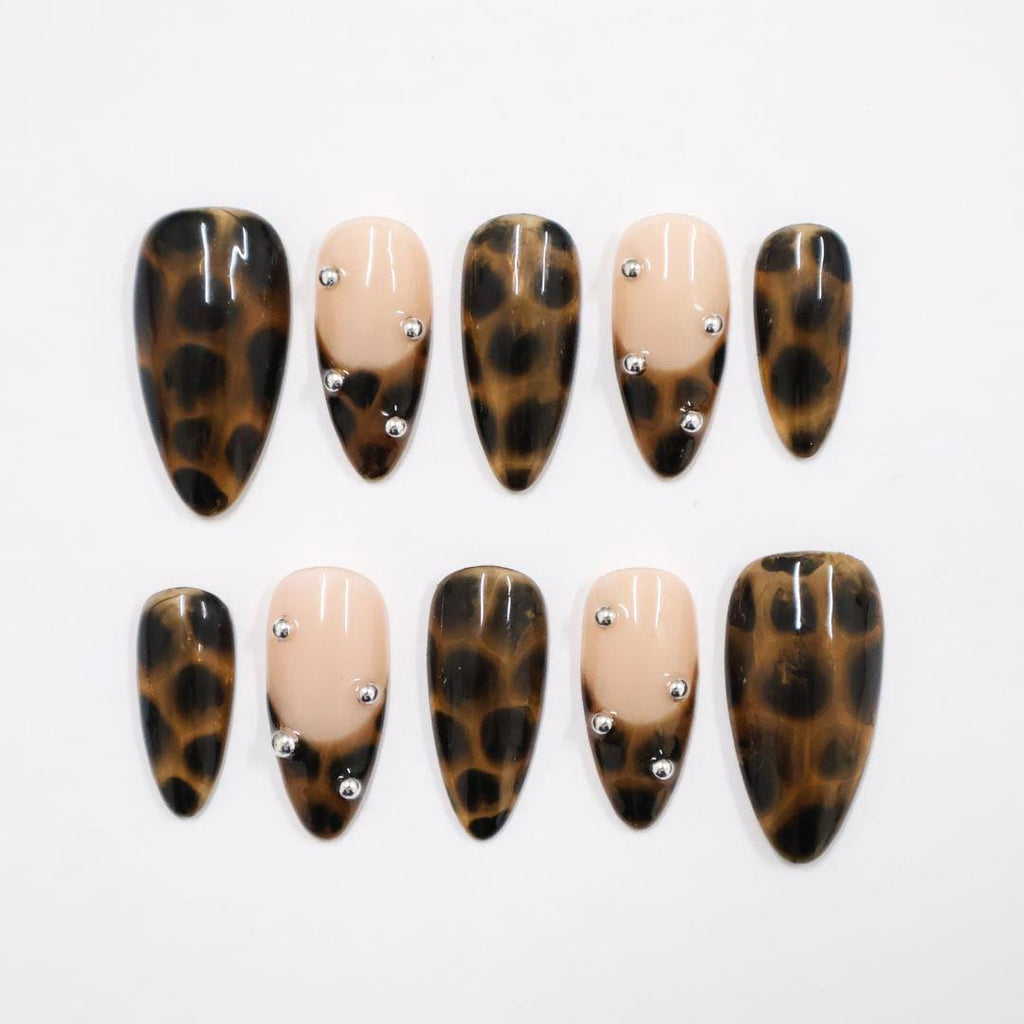 Press On Nails Tortoiseshell with Nude & Silver Accent | Fake Nail in Medium Almond | Handmade Fall Nail Art for Holiday, Vacation, Birthday