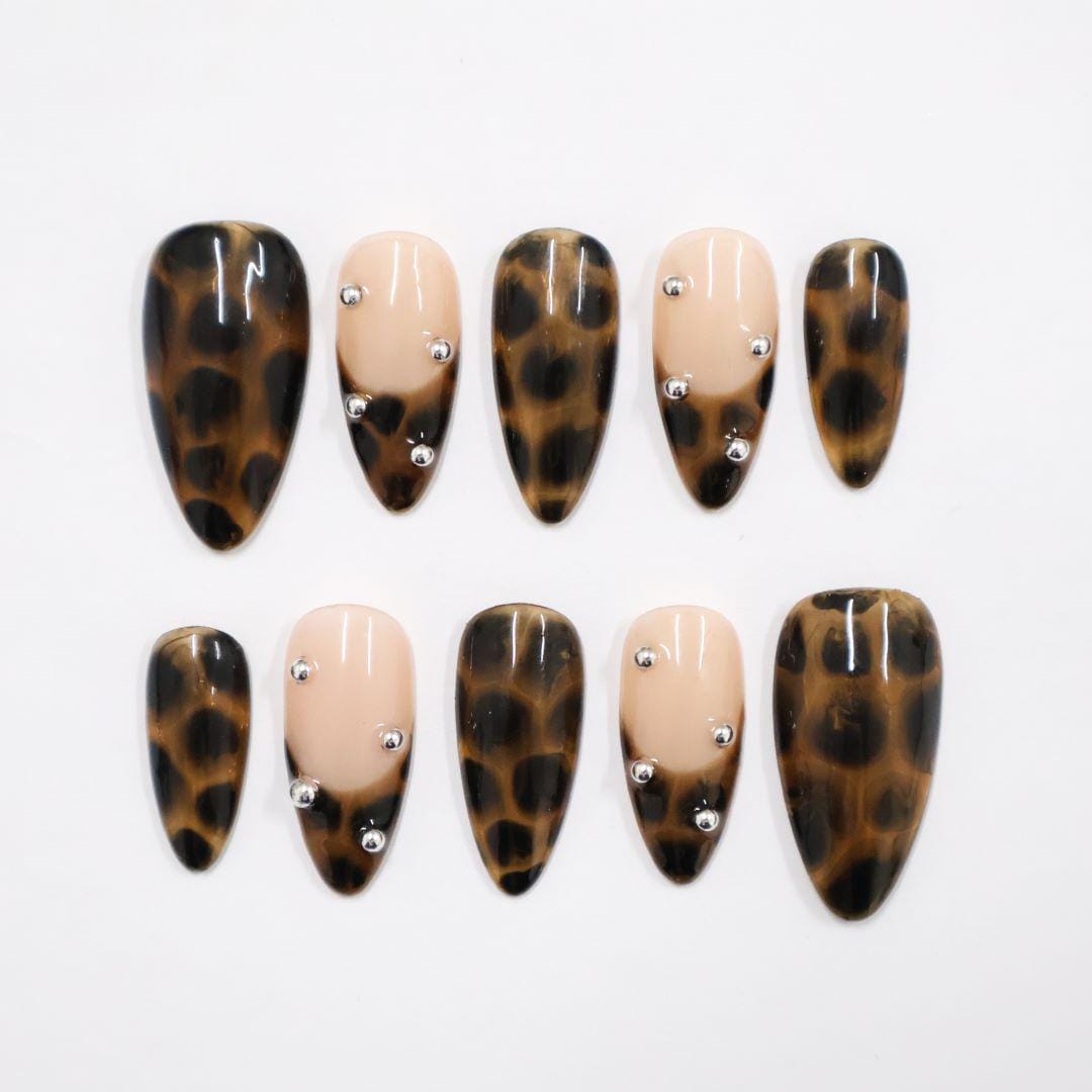 Press On Nails Tortoiseshell with Nude & Silver Accent | Fake Nail in Medium Almond | Handmade Fall Nail Art for Holiday, Vacation, Birthday