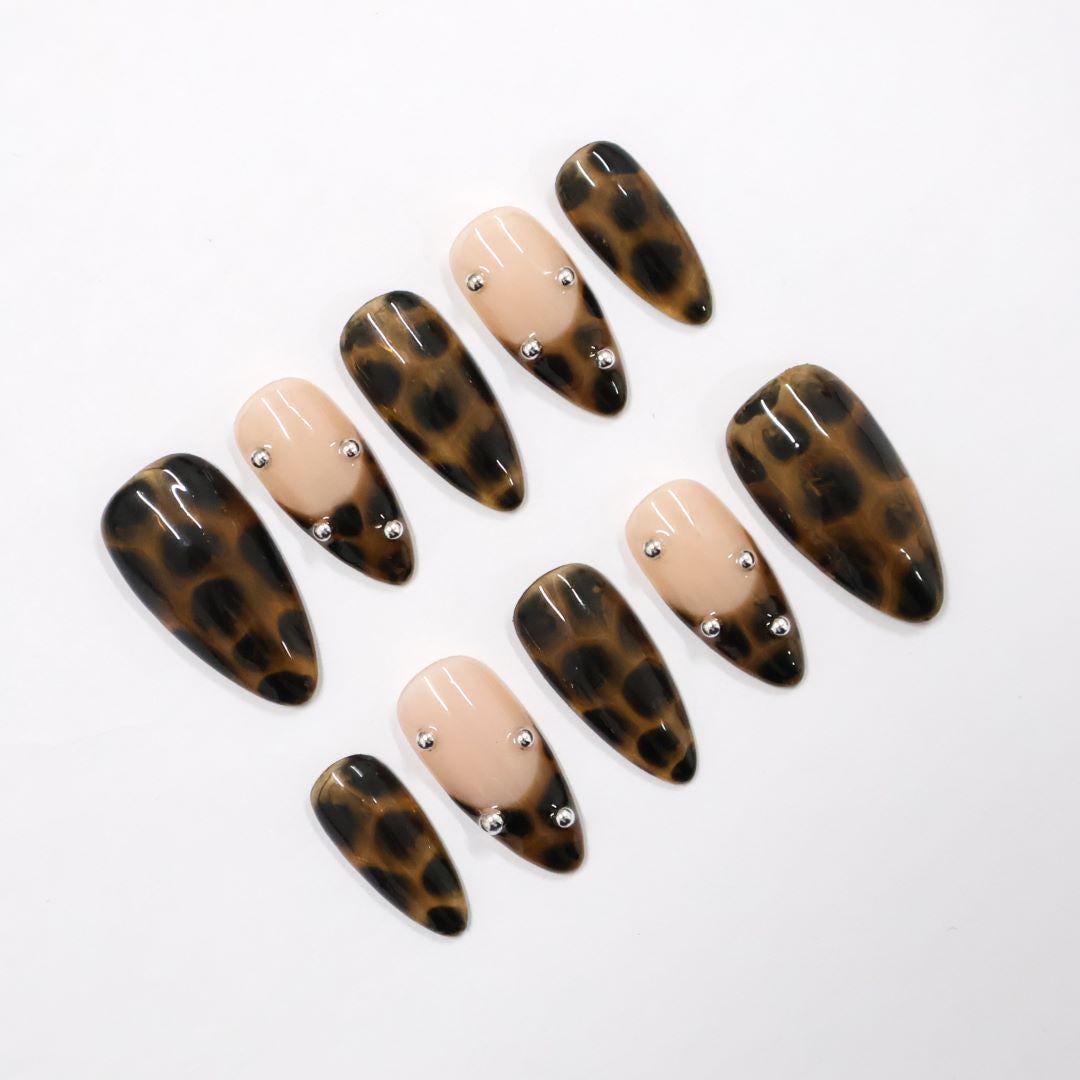 Press On Nails Tortoiseshell with Nude & Silver Accent | Fake Nail in Medium Almond | Handmade Fall Nail Art for Holiday, Vacation, Birthday