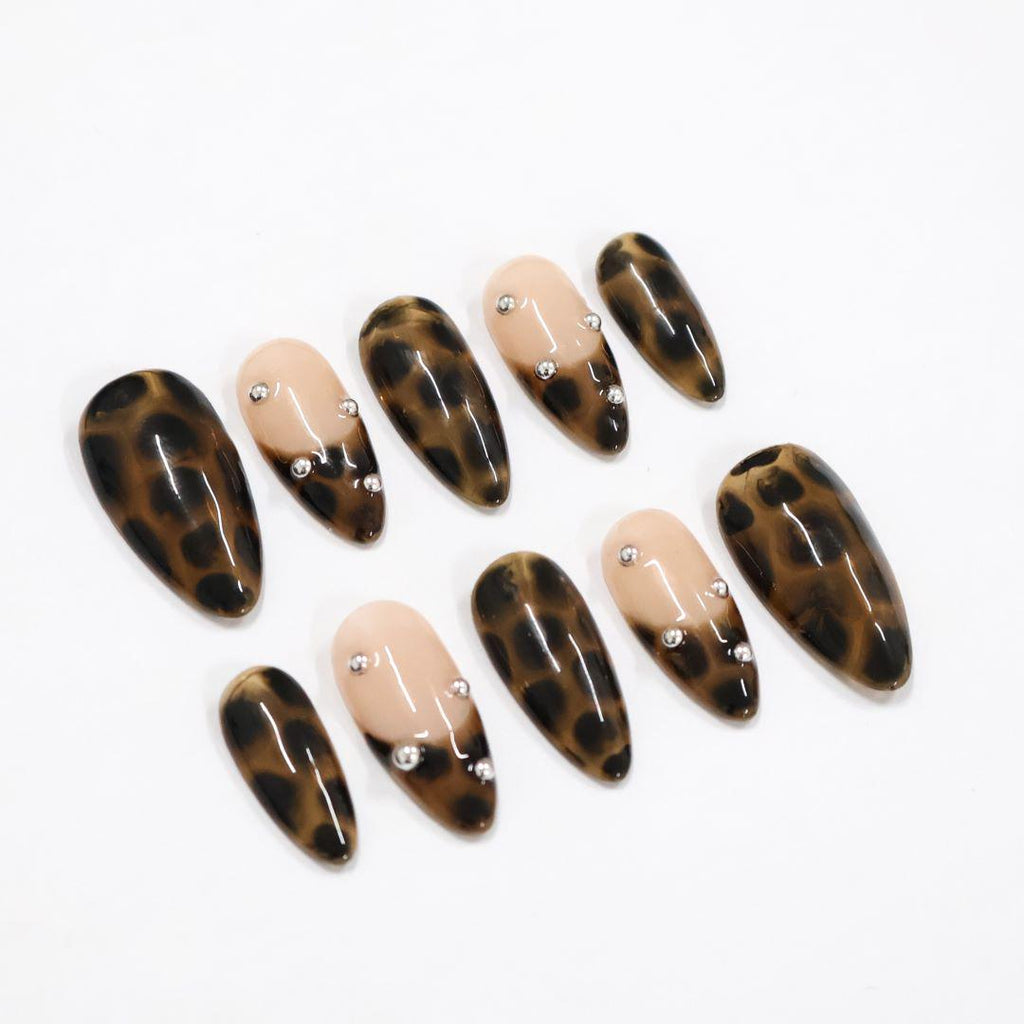Press On Nails Tortoiseshell with Nude & Silver Accent | Fake Nail in Medium Almond | Handmade Fall Nail Art for Holiday, Vacation, Birthday