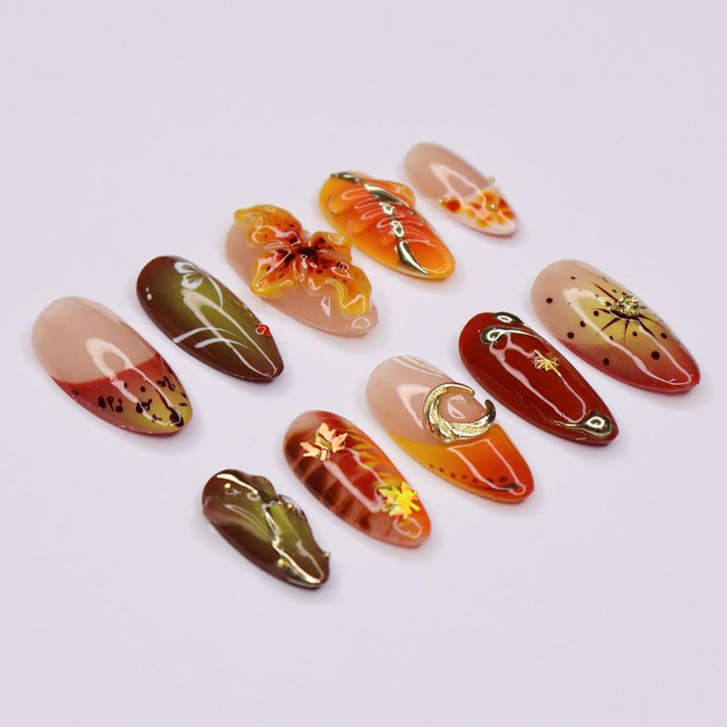 Press On Nail Autumn Floral with Leaf & Gold Accent | 3D Fake Nail in Medium Almond | Handmade Fall Nail Art for Holiday, Vacation, Birthday