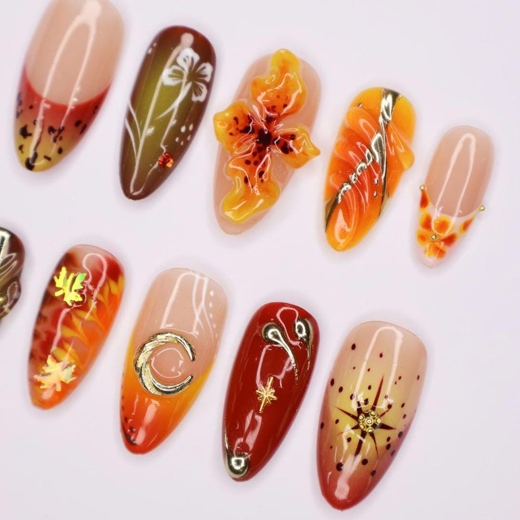 Press On Nail Autumn Floral with Leaf & Gold Accent | 3D Fake Nail in Medium Almond | Handmade Fall Nail Art for Holiday, Vacation, Birthday