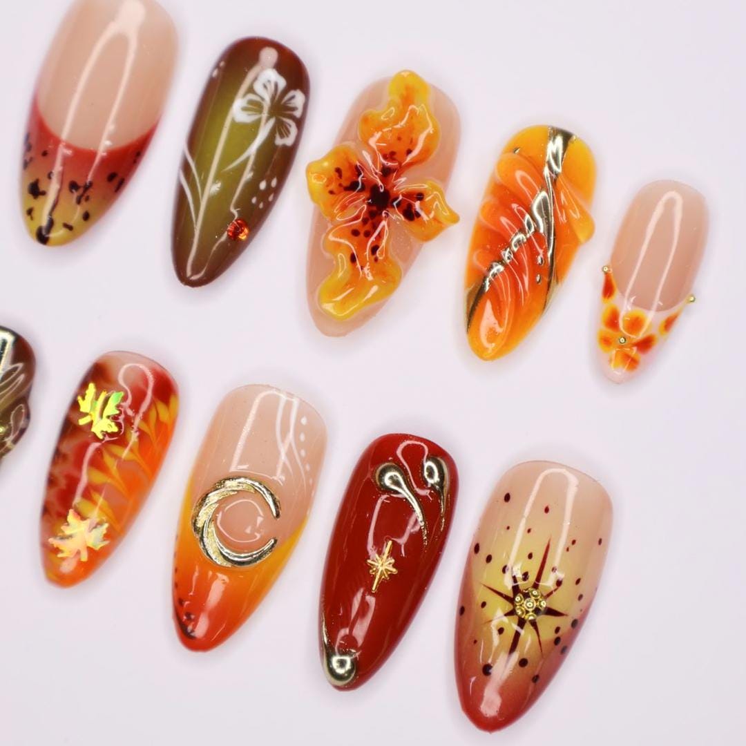 Press On Nail Autumn Floral with Leaf & Gold Accent | 3D Fake Nail in Medium Almond | Handmade Fall Nail Art for Holiday, Vacation, Birthday