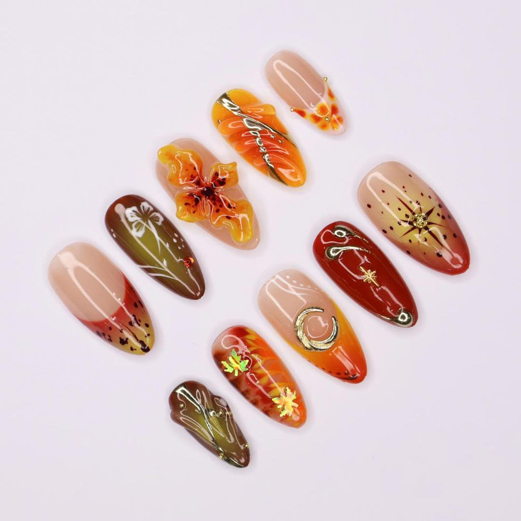 Press On Nail Autumn Floral with Leaf & Gold Accent | 3D Fake Nail in Medium Almond | Handmade Fall Nail Art for Holiday, Vacation, Birthday