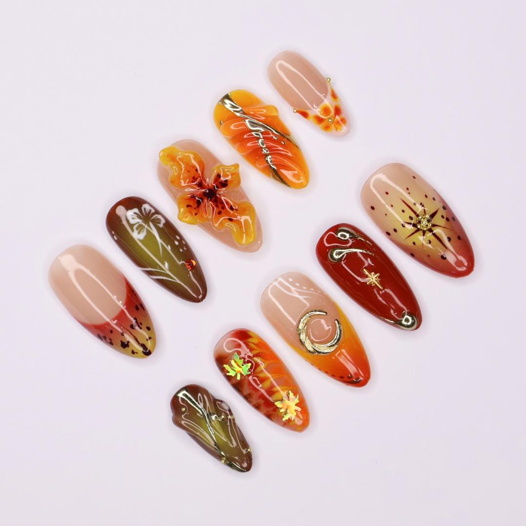 Press On Nail Autumn Floral with Leaf & Gold Accent | 3D Fake Nail in Medium Almond | Handmade Fall Nail Art for Holiday, Vacation, Birthday