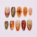 Press On Nail Autumn Floral with Leaf & Gold Accent | 3D Fake Nail in Medium Almond | Handmade Fall Nail Art for Holiday, Vacation, Birthday