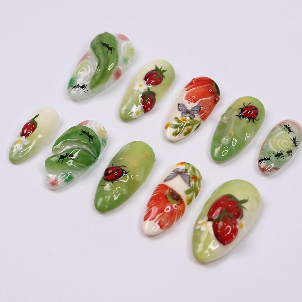 Whimsical Nature Press On Nails with Bugs, Strawberries, Flowers, Handmade Almond Nails, Perfect for a Unique Spring Manicure & Gift for Her