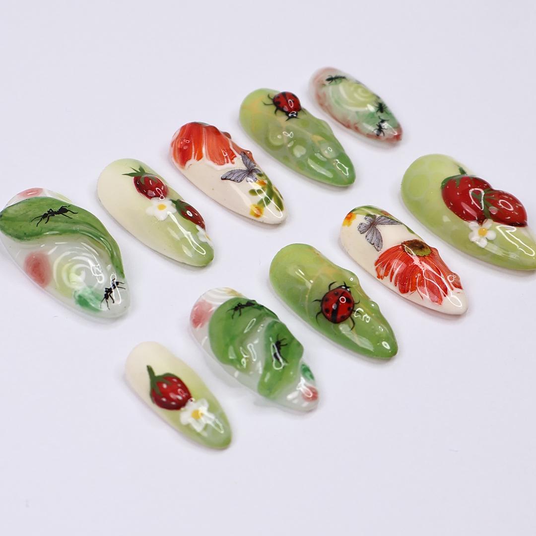 Whimsical Nature Press On Nails with Bugs, Strawberries, Flowers, Handmade Almond Nails, Perfect for a Unique Spring Manicure & Gift for Her