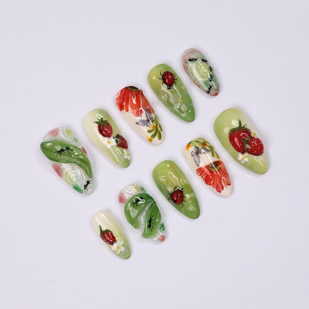 Whimsical Nature Press On Nails with Bugs, Strawberries, Flowers, Handmade Almond Nails, Perfect for a Unique Spring Manicure & Gift for Her
