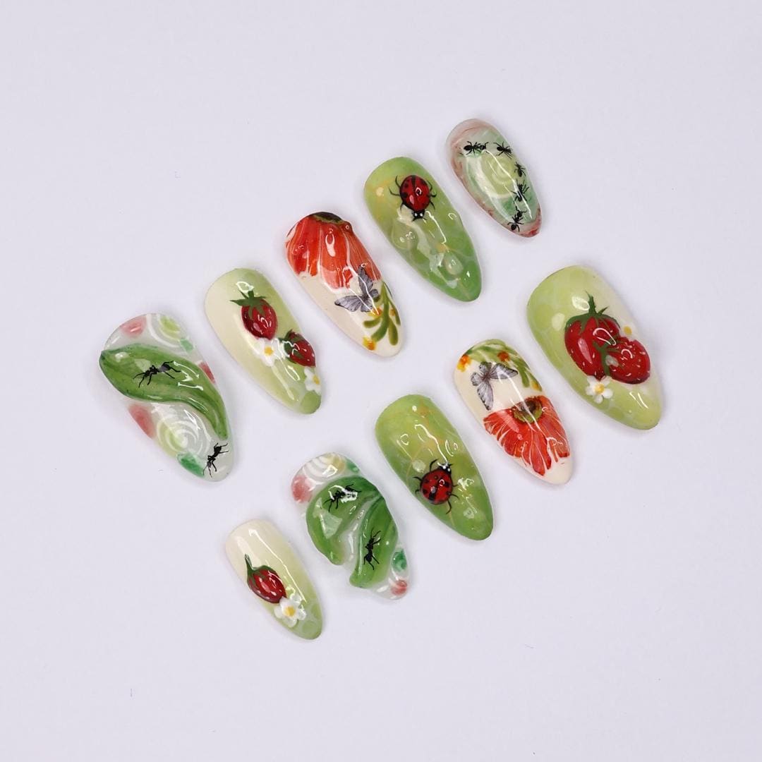 Whimsical Nature Press On Nails with Bugs, Strawberries, Flowers, Handmade Almond Nails, Perfect for a Unique Spring Manicure & Gift for Her