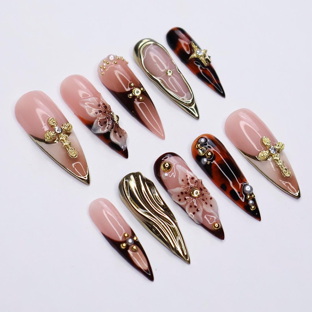 Press On Nail Giltrose Gothic Bloom with Gold Accent | 3D Floral Fake Nail in Long Stiletto | Handmade Nail Art for Party, Holiday, Birthday