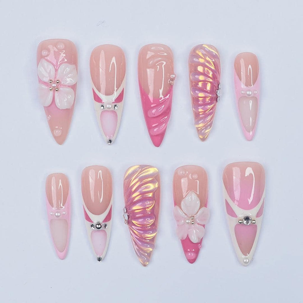 Press On Nails Roselle 3D Flowers & Iridescent Swirls | Pink Floral Fake Nails Long Almond | Handmade Elegant Nail Art for Wedding, Party