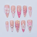 Press On Nails Roselle 3D Flowers & Iridescent Swirls | Pink Floral Fake Nails Long Almond | Handmade Elegant Nail Art for Wedding, Party