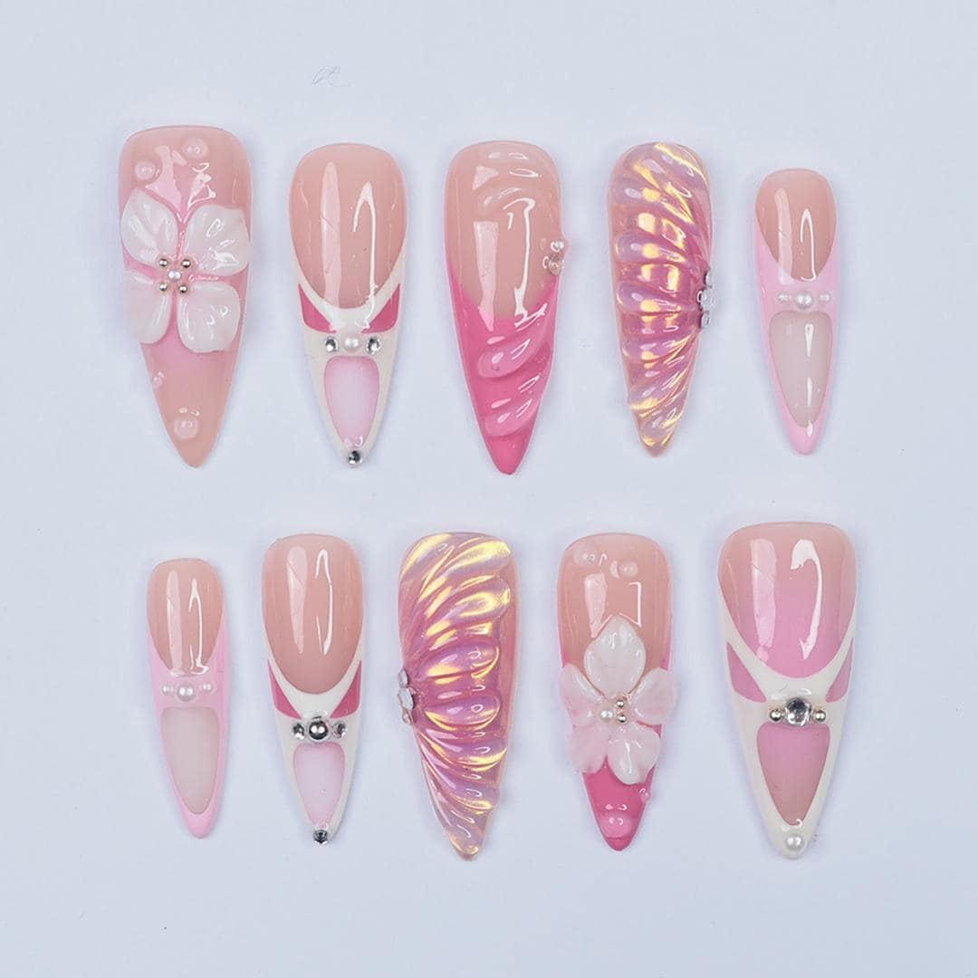 Press On Nails Roselle 3D Flowers & Iridescent Swirls | Pink Floral Fake Nails Long Almond | Handmade Elegant Nail Art for Wedding, Party