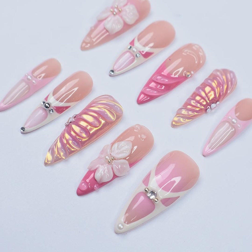 Press On Nails Roselle 3D Flowers & Iridescent Swirls | Pink Floral Fake Nails Long Almond | Handmade Elegant Nail Art for Wedding, Party