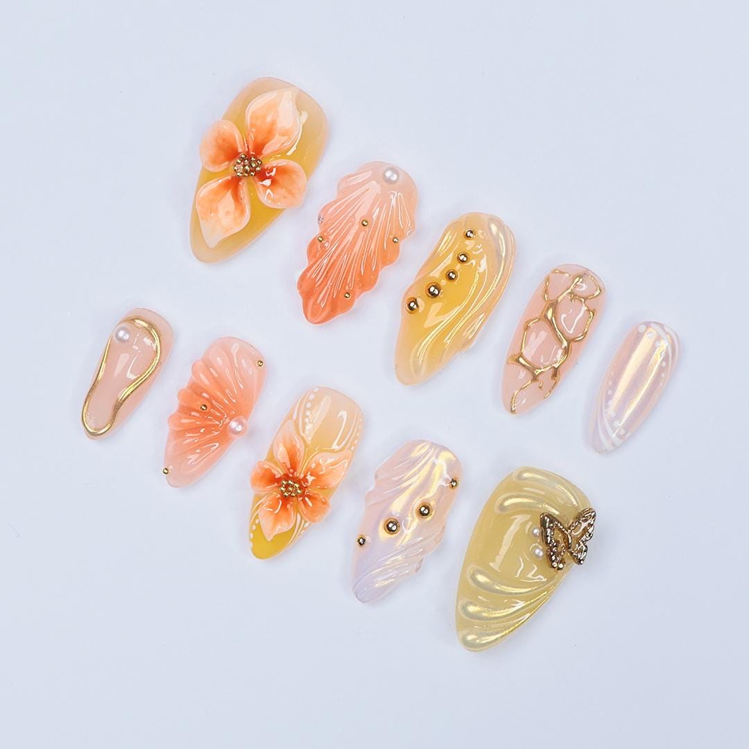 Press On Nails Solara 3D Flowers & Golden Swirls | Sunny Floral Fake Nails Medium Almond | Handmade Elegant Nail Art for Vacation, Party