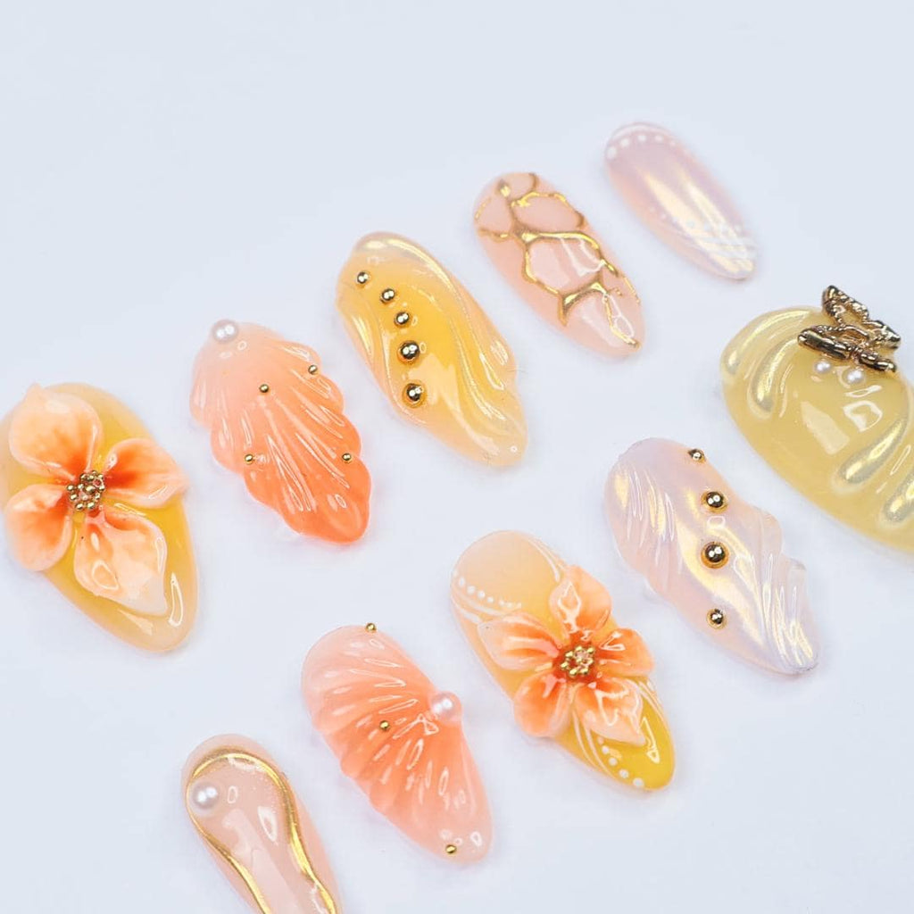 Press On Nails Solara 3D Flowers & Golden Swirls | Sunny Floral Fake Nails Medium Almond | Handmade Elegant Nail Art for Vacation, Party