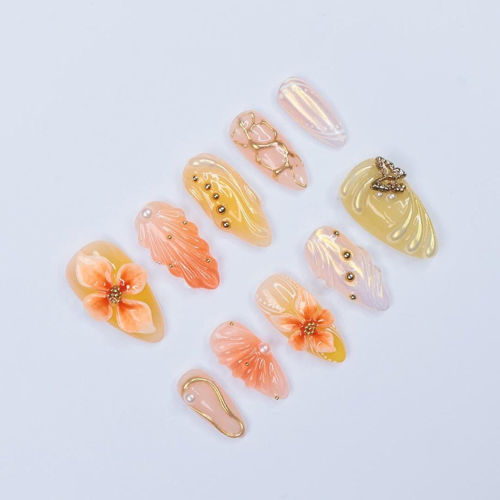 Press On Nails Solara 3D Flowers & Golden Swirls | Sunny Floral Fake Nails Medium Almond | Handmade Elegant Nail Art for Vacation, Party