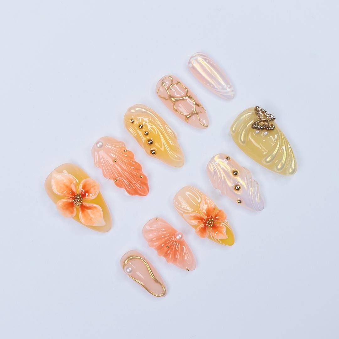 Press On Nails Solara 3D Flowers & Golden Swirls | Sunny Floral Fake Nails Medium Almond | Handmade Elegant Nail Art for Vacation, Party