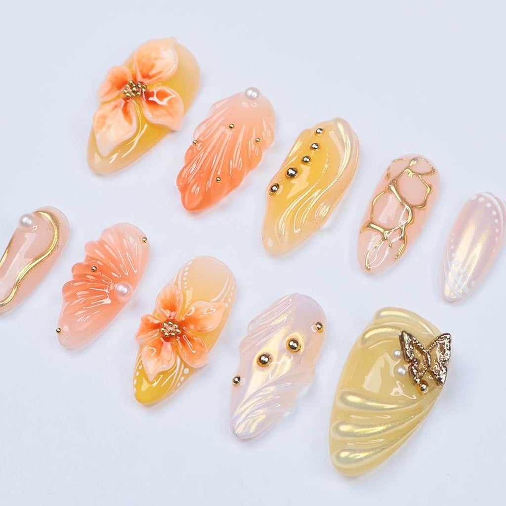 Press On Nails Solara 3D Flowers & Golden Swirls | Sunny Floral Fake Nails Medium Almond | Handmade Elegant Nail Art for Vacation, Party