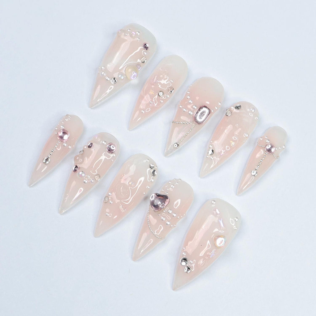 Press On Nails Lustreva Crystals & Pearls | Blush Pink Fake Nails Medium Stiletto | Handmade Luxury Nail Art for Wedding, Party, Event