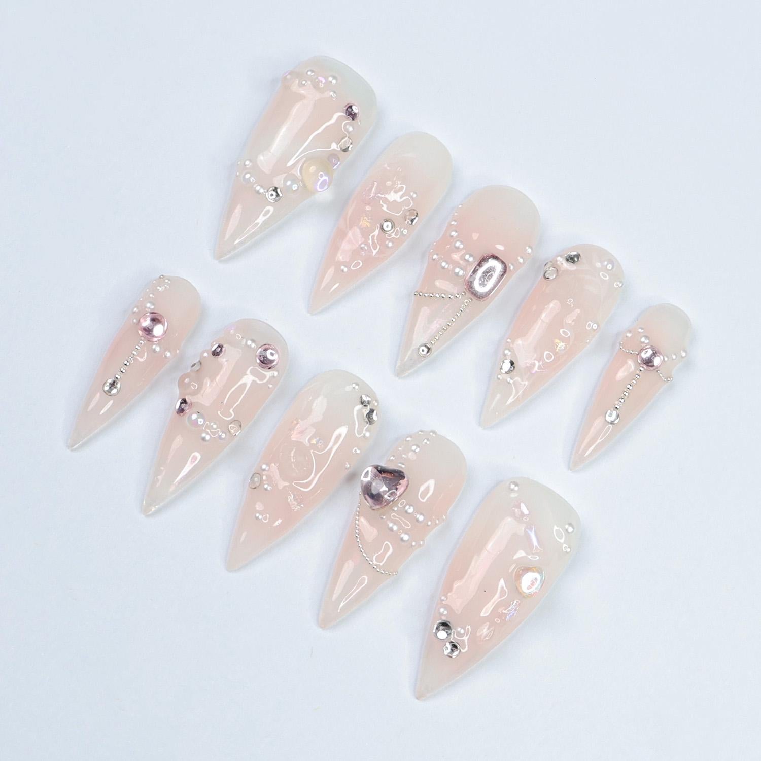 Press On Nails Lustreva Crystals & Pearls | Blush Pink Fake Nails Medium Stiletto | Handmade Luxury Nail Art for Wedding, Party, Event