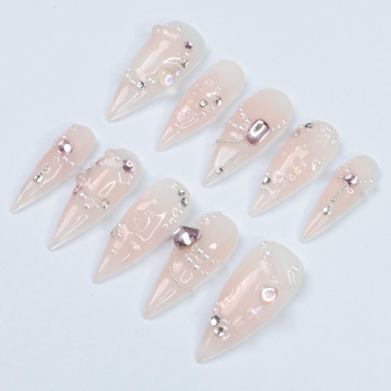 Press On Nails Lustreva Crystals & Pearls | Blush Pink Fake Nails Medium Stiletto | Handmade Luxury Nail Art for Wedding, Party, Event