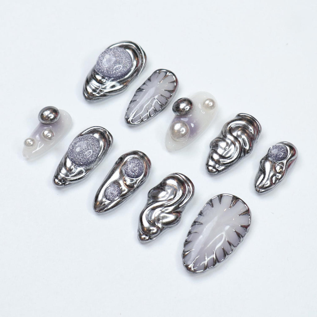Press On Nail Chromivor Chrome Swirls & Pearls | Metallic Fake Nails Medium Almond | Handmade Avant-Garde Nail Art for Party, Event, Fashion