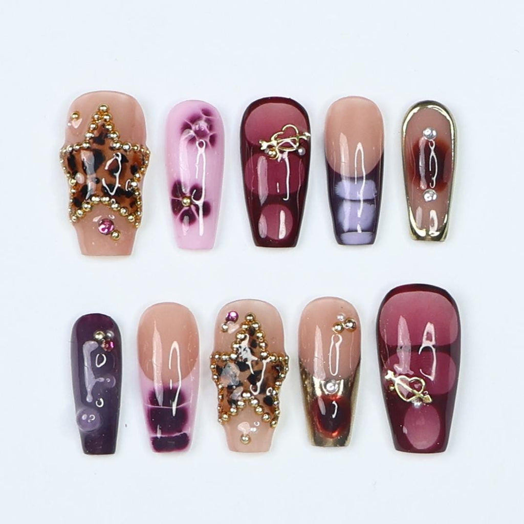 Press On Nails Starvenom Leopard Star & Gold Art | Bold Fake Nails Medium Coffin | Handmade Glamorous Nail Art for Party, Fashion, Event