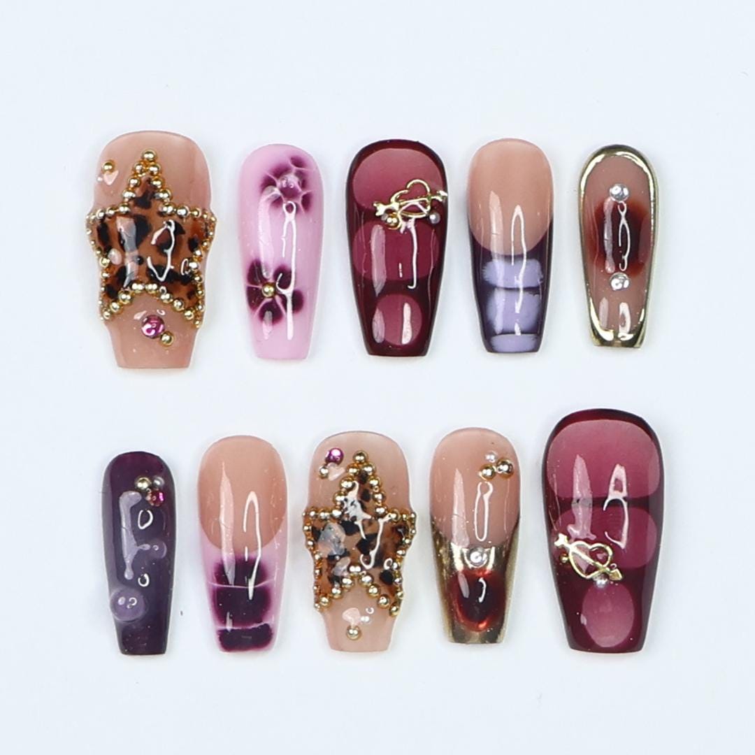 Press On Nails Starvenom Leopard Star & Gold Art | Bold Fake Nails Medium Coffin | Handmade Glamorous Nail Art for Party, Fashion, Event