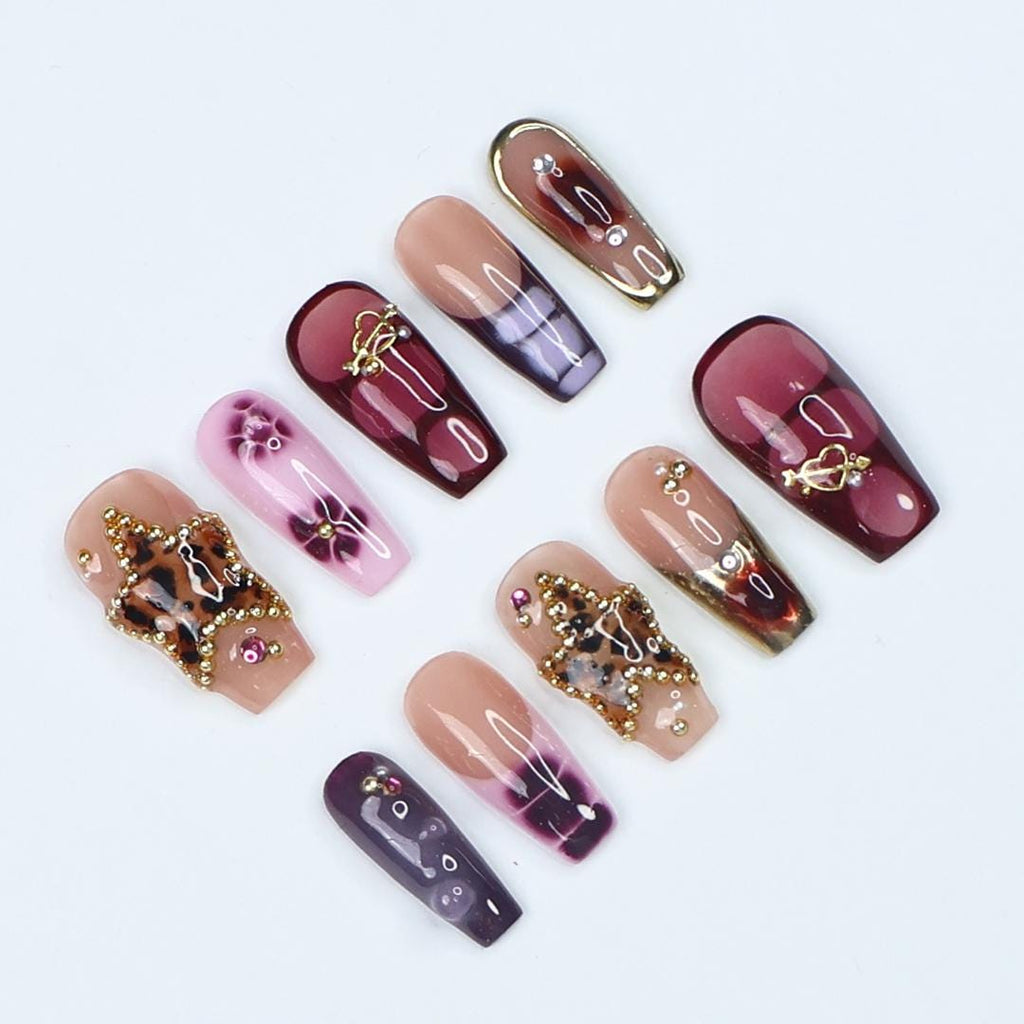 Press On Nails Starvenom Leopard Star & Gold Art | Bold Fake Nails Medium Coffin | Handmade Glamorous Nail Art for Party, Fashion, Event