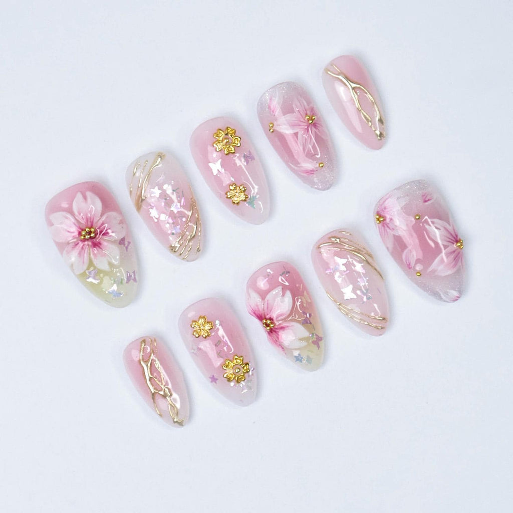 Press On Nails 3D Sakura with Gold Detailing | Pastel Fake Nails in Short Almond | Handmade Spring Nail Art for Holiday, Vacation, Birthday
