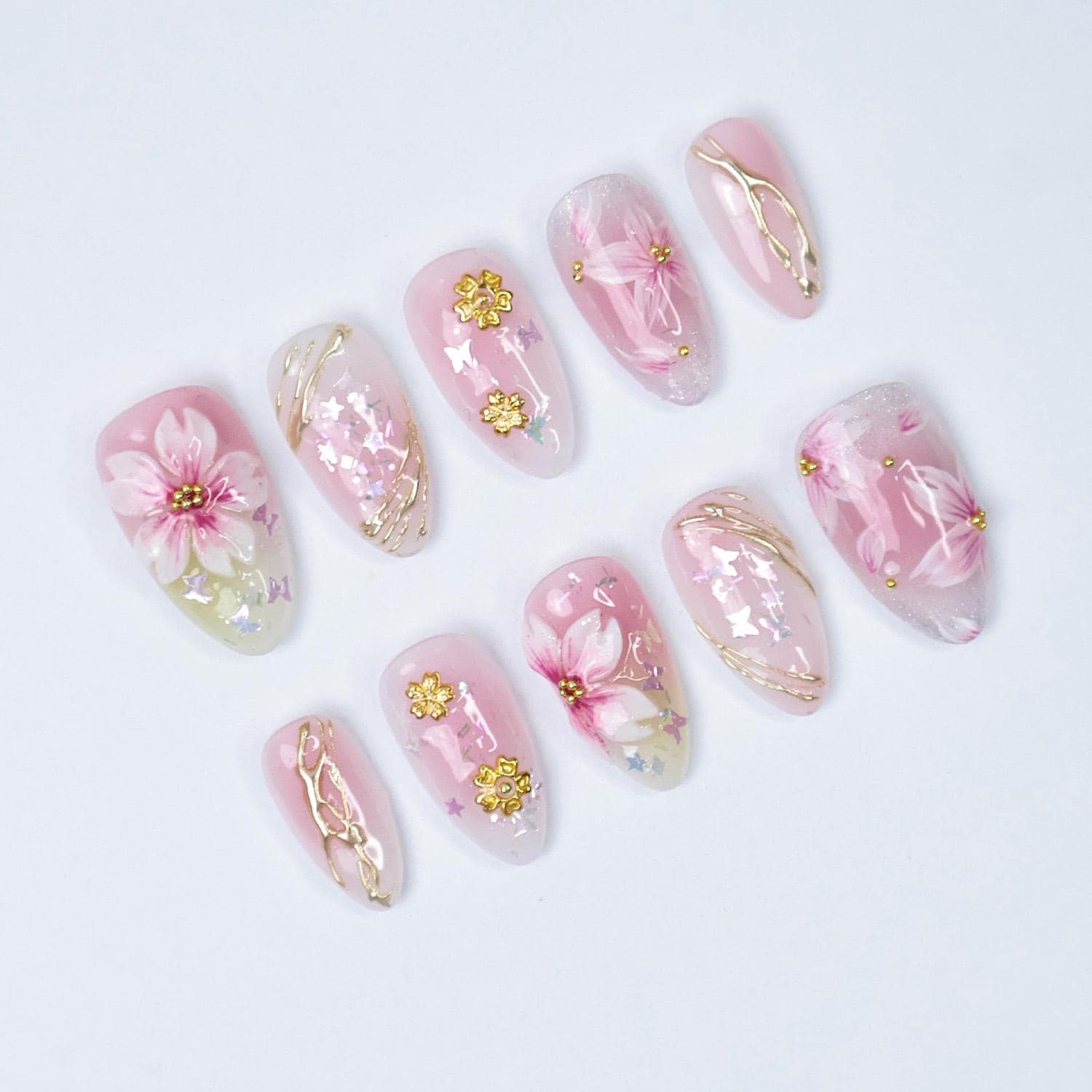 Press On Nails 3D Sakura with Gold Detailing | Pastel Fake Nails in Short Almond | Handmade Spring Nail Art for Holiday, Vacation, Birthday