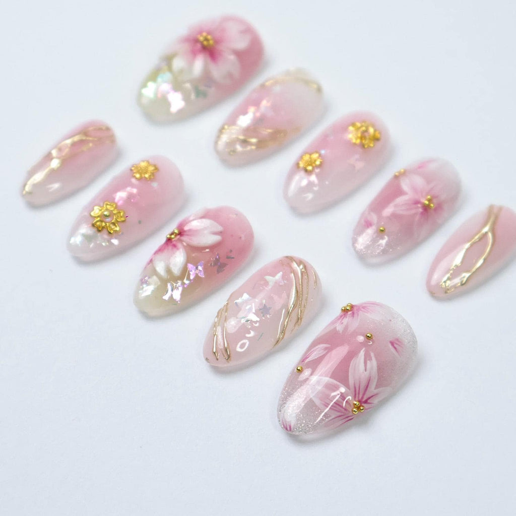 Press On Nails 3D Sakura with Gold Detailing | Pastel Fake Nails in Short Almond | Handmade Spring Nail Art for Holiday, Vacation, Birthday