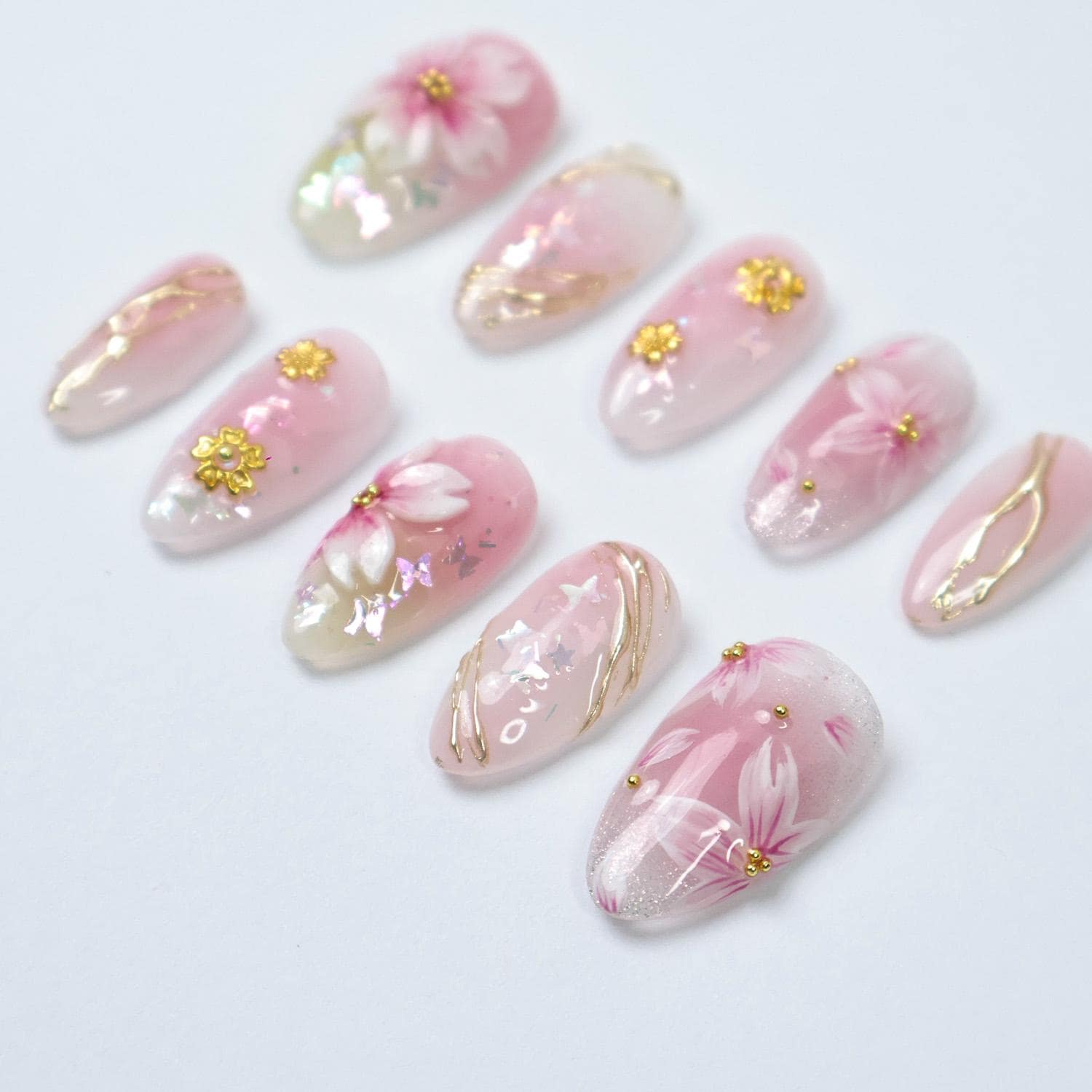 Press On Nails 3D Sakura with Gold Detailing | Pastel Fake Nails in Short Almond | Handmade Spring Nail Art for Holiday, Vacation, Birthday