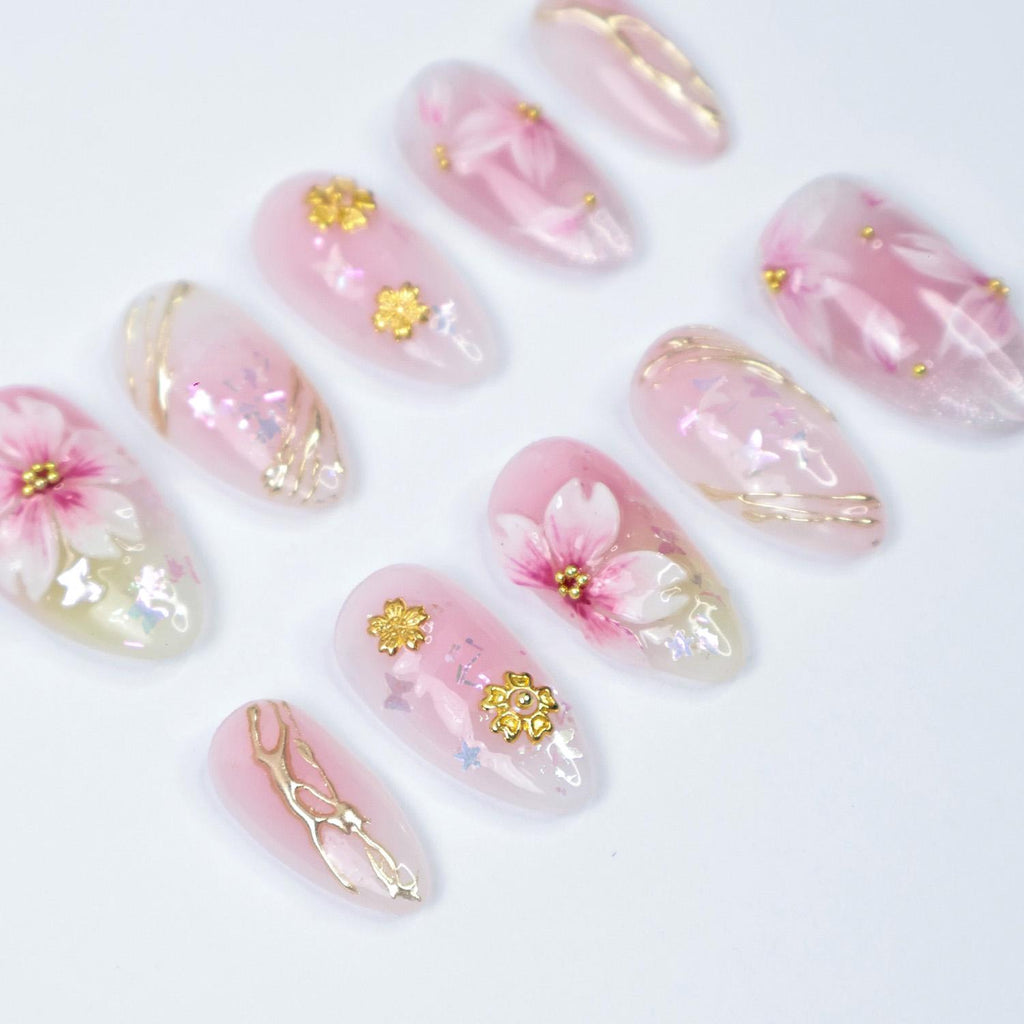 Press On Nails 3D Sakura with Gold Detailing | Pastel Fake Nails in Short Almond | Handmade Spring Nail Art for Holiday, Vacation, Birthday