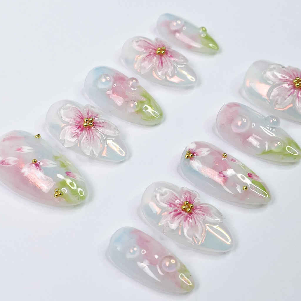 Press On Nail Petalmist with 3D Sakura | Pastel Floral Fake Nails in Short Almond | Handmade Spring Nail Art for Holiday, Vacation, Birthday