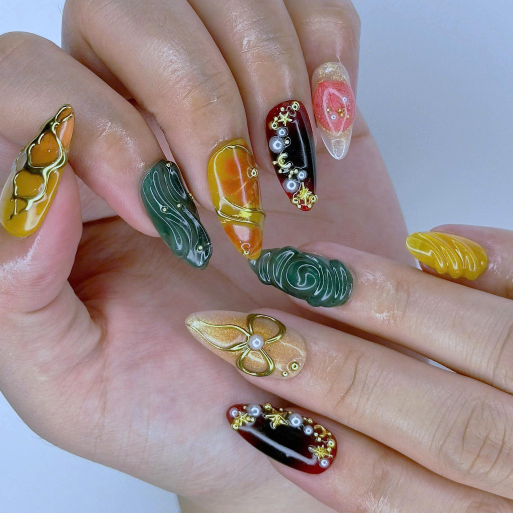 Press On Nail Golden Swirl with Bow 3D & Pearl | Floral Fake Nail in Medium Almond | Handmade Fall Luxury Nail Art for Holiday, Vacation