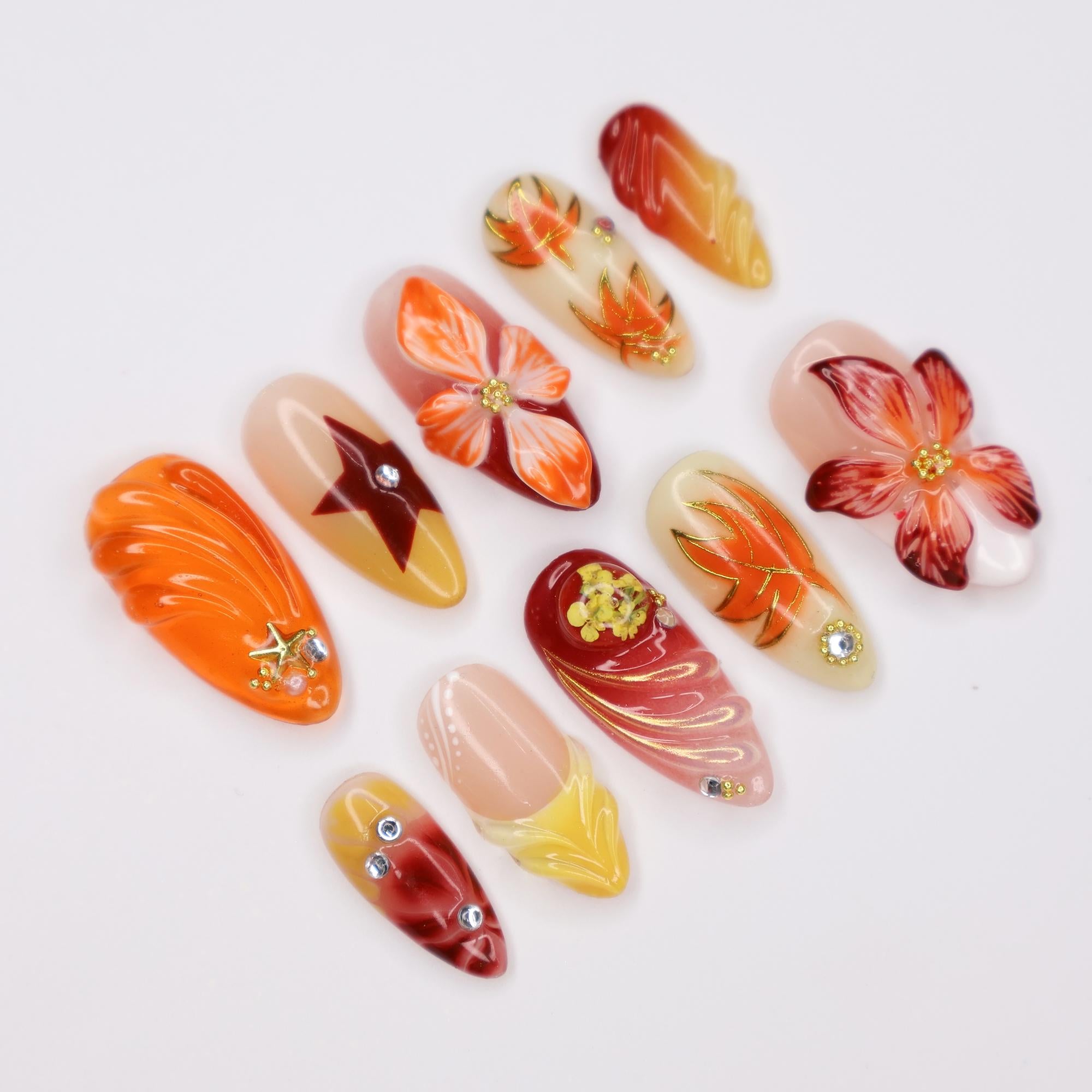 Press On Nails Autumn Blaze with Floral & Leaf Art | 3D Fake Nails in Medium Almond | Handmade Fall Nail Art for Holiday, Vacation, Birthday