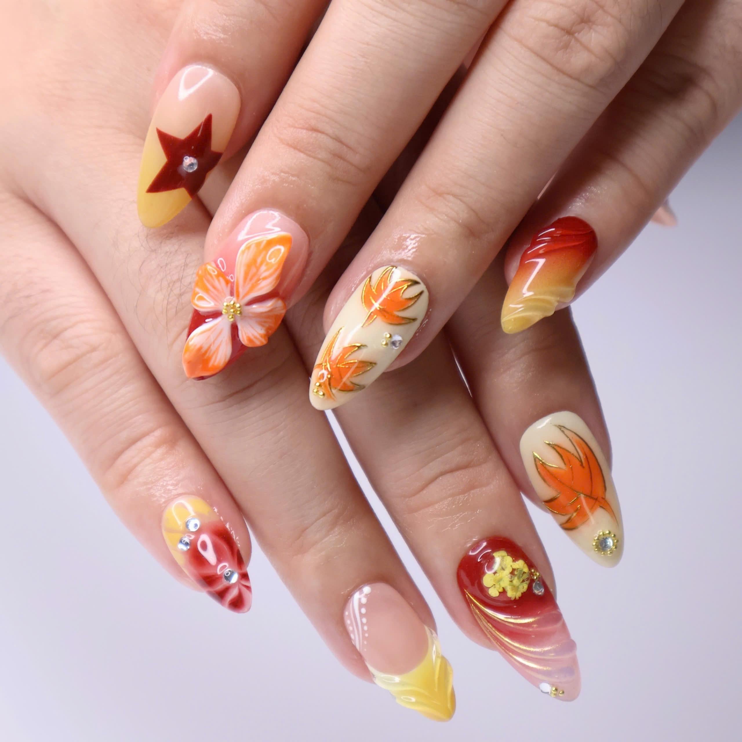 Press On Nails Autumn Blaze with Floral & Leaf Art | 3D Fake Nails in Medium Almond | Handmade Fall Nail Art for Holiday, Vacation, Birthday