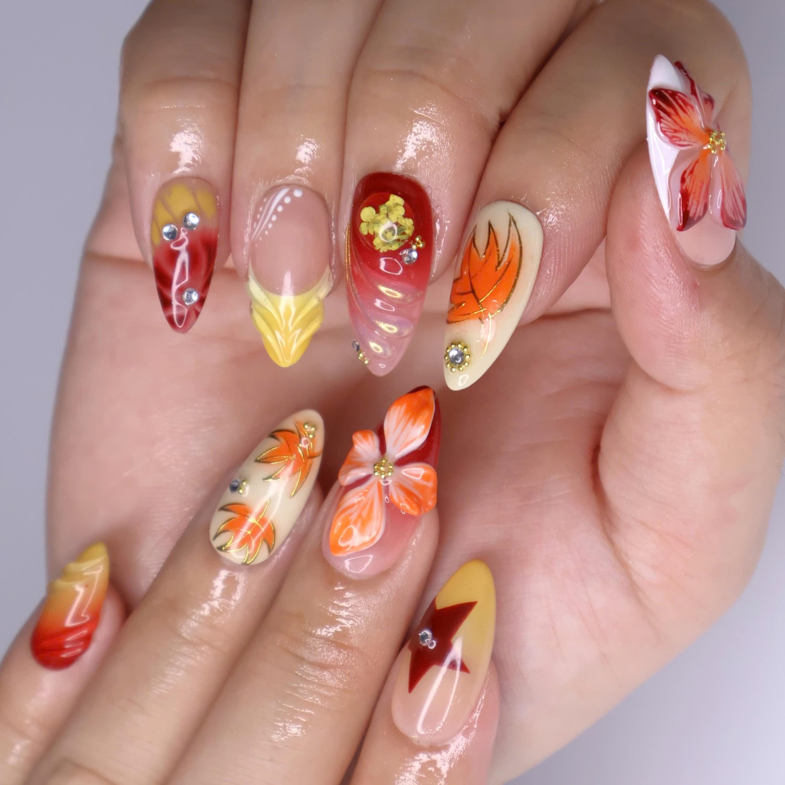 Press On Nails Autumn Blaze with Floral & Leaf Art | 3D Fake Nails in Medium Almond | Handmade Fall Nail Art for Holiday, Vacation, Birthday