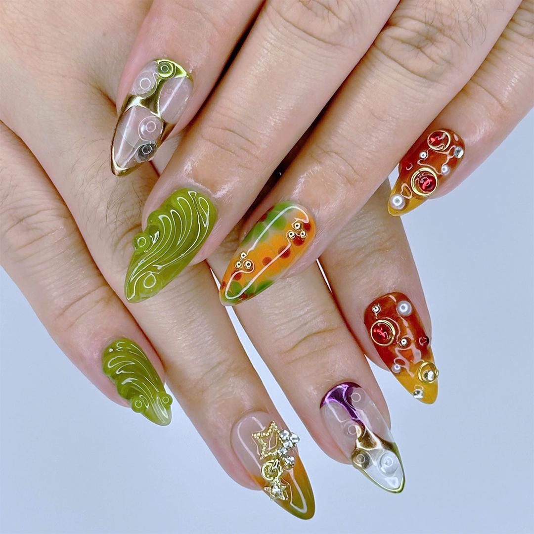 Press On Nails Jewel Garden with Swirl & Crystal Charm | 3D Fake Nails in Medium Almond | Handmade Nail Art for Holiday, Vacation, Birthday