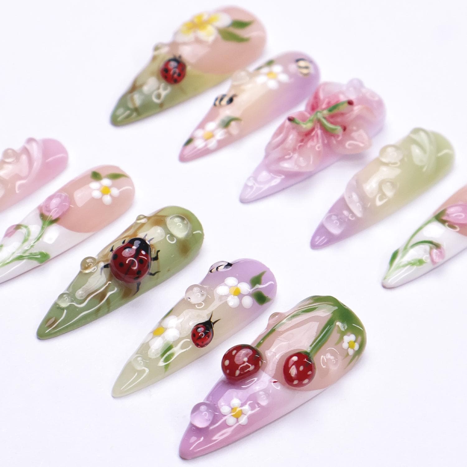 Press On Nails Ladybug with Bee | 3D Floral Fake Nails in Long Almond Shape | Handmade Spring Nail Art for Holiday, Vacation, Birthday, Gift