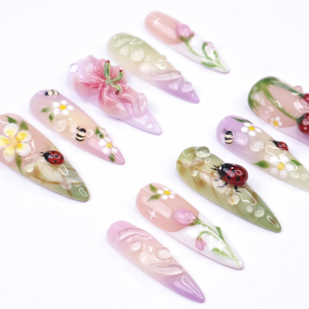 Press On Nails Ladybug with Bee | 3D Floral Fake Nails in Long Almond Shape | Handmade Spring Nail Art for Holiday, Vacation, Birthday, Gift