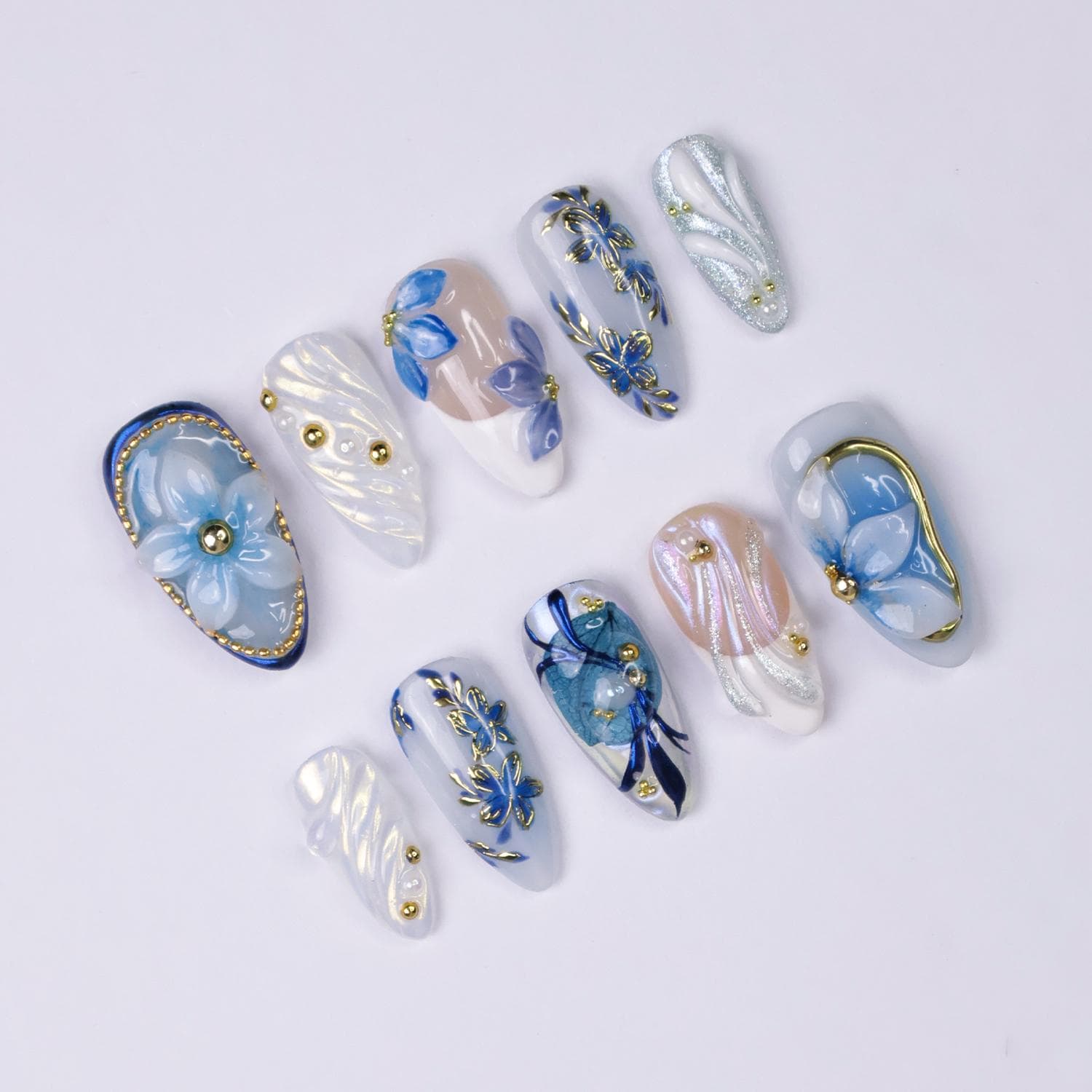 PressOn Nails Blue Flower with Gold Accent | 3D Floral Fake Nail in Medium Almond | Handmade Spring Nail Art for Holiday, Vacation, Birthday