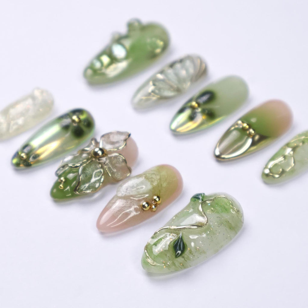 Press On Nails Green Butterfly with Gold Vine | 3D Floral Fake Nails in Medium Almond | Handmade Spring Nail Art for Holiday, Vacation, Gift